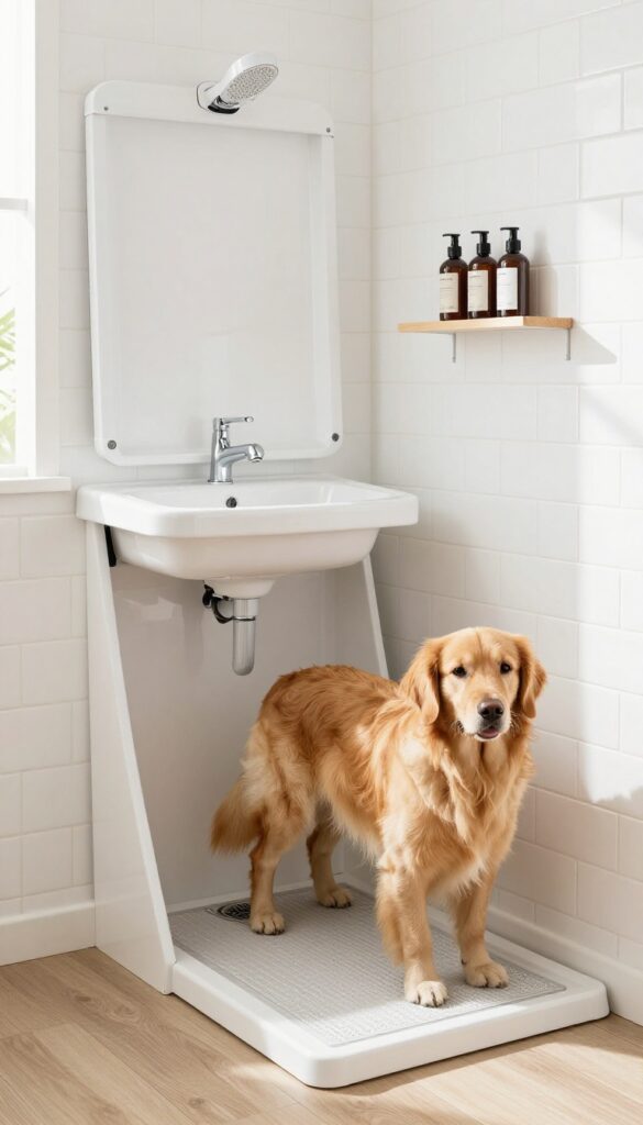 Wall-mounted foldable dog wash basin in mudroom with golden retriever