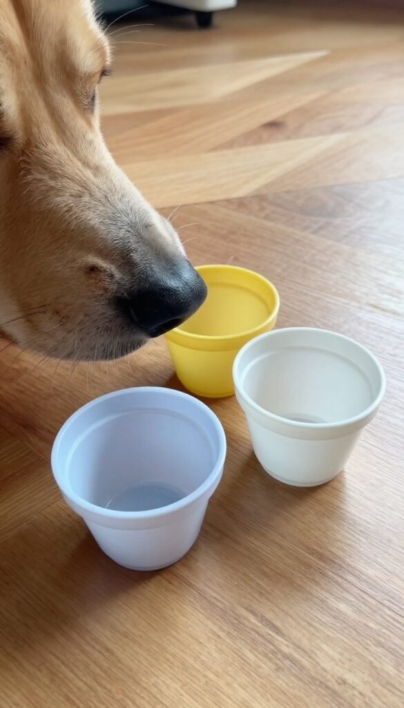 Dog sniffing plastic cups in a shell game to find a hidden treat