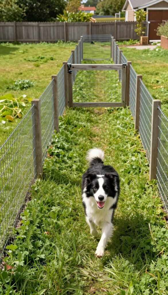 Narrow side yard dog run with welded wire panels attached to fence, green ground cover, and a Border Collie running
