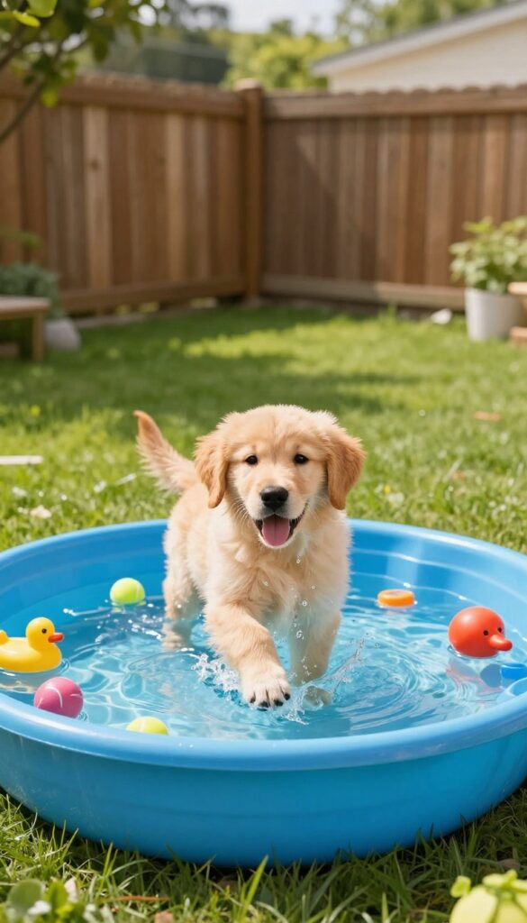 A golden retriever puppy splashing in a shallow kiddie pool filled with floating toys in a sunny backyard.