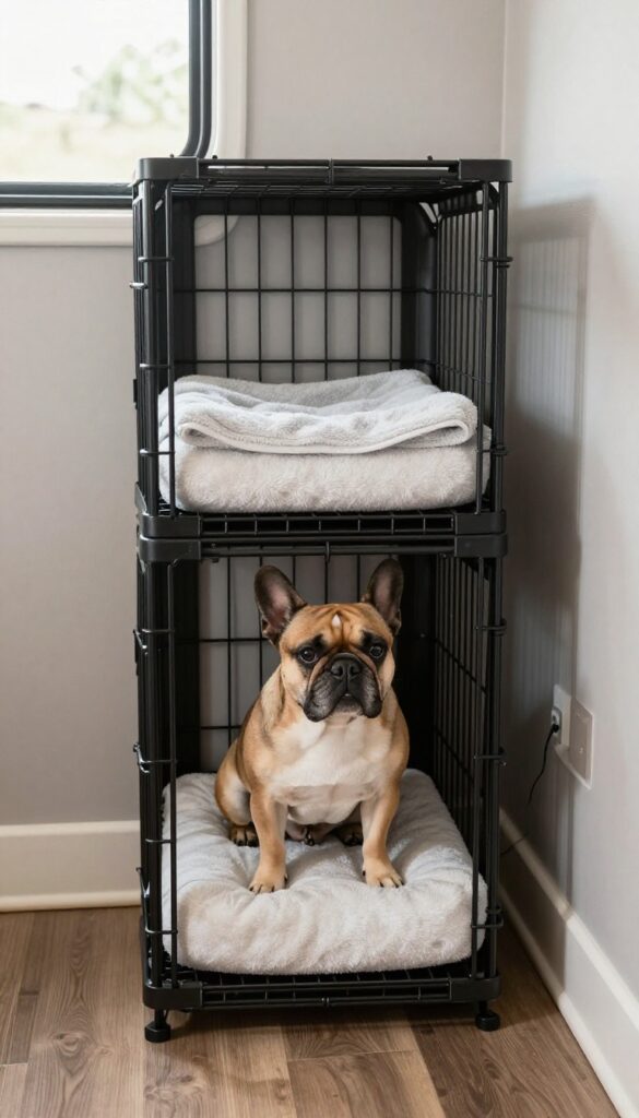Vertical stackable dog crates in an RV, with one dog inside the lower crate and storage on top, bright natural light.