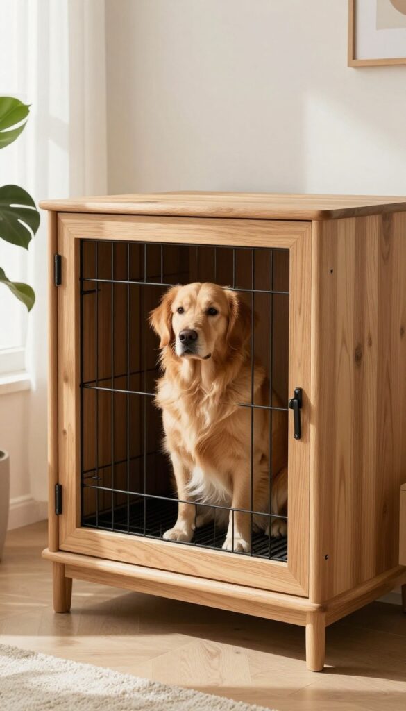 Wooden cabinet used as a dog crate cover with removable front, blending into home decor