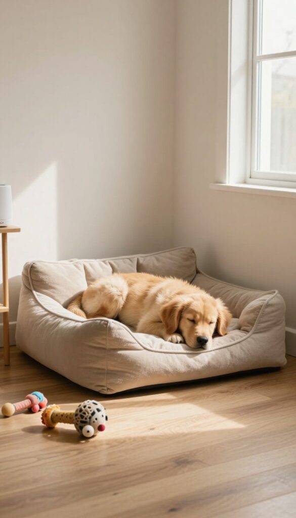 Calming puppy corner with a soft bed and toys in a quiet, sunlit room