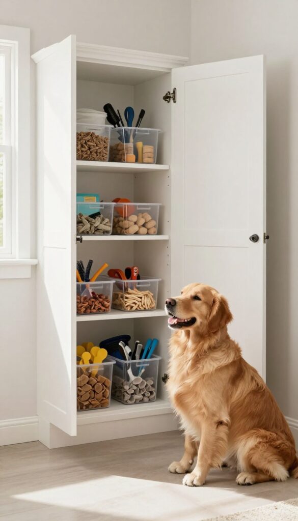 Open pet supply cabinet in mudroom with organized bins, dog food, treats, and leashes, a golden retriever sitting nearby.