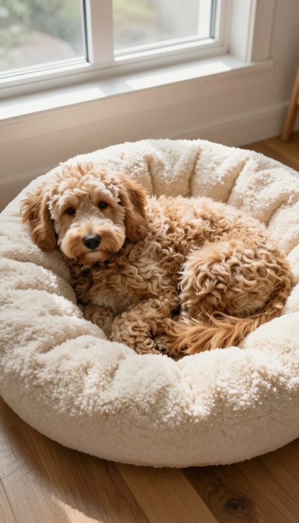 Fluffy golden doodle dog resting on a soft blanket in warm sunlight, embodying the cuddly and warm vibe of the name Teddy.