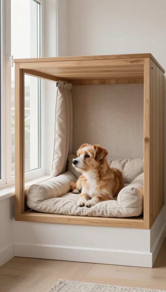 A built-in window seat kennel blending into a cozy living room, with a small dog resting inside and looking out the window.