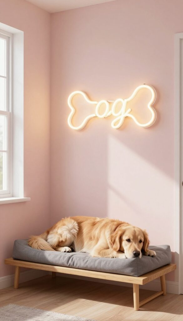 Neon dog bone sign glowing on pastel wall with a golden retriever resting on a dog bed