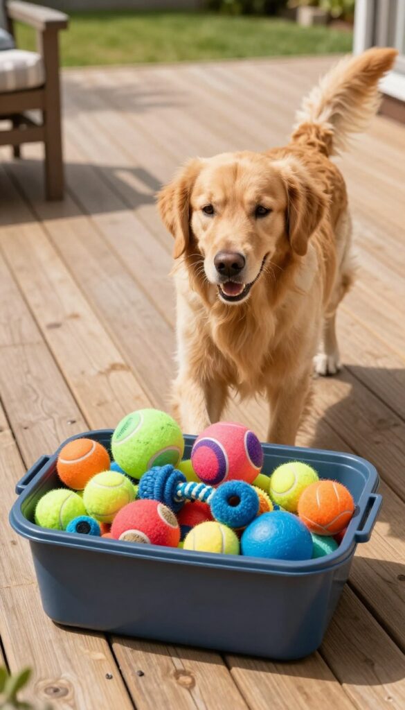 Dog playing with toys from a storage bin in a sunny backyard