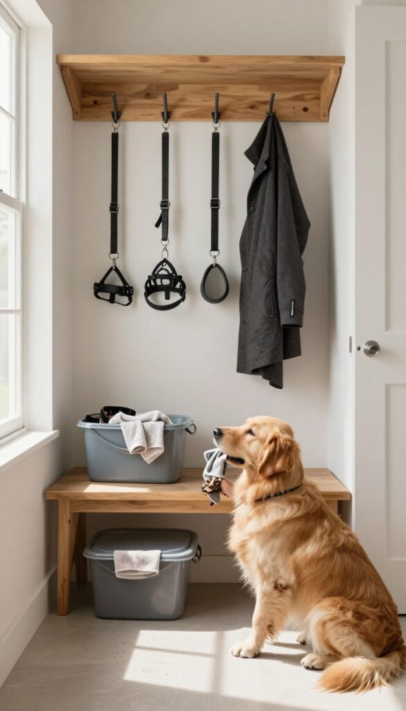 Mudroom-style drop zone with hooks, bench, and bin for dog gear, featuring a golden retriever and a person wiping paws.