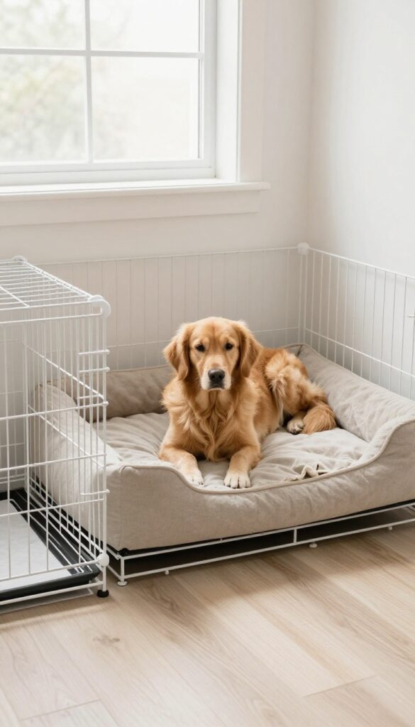 Cozy dog kennel room with crate and separate pet bed, golden retriever lounging on bed, bright natural light