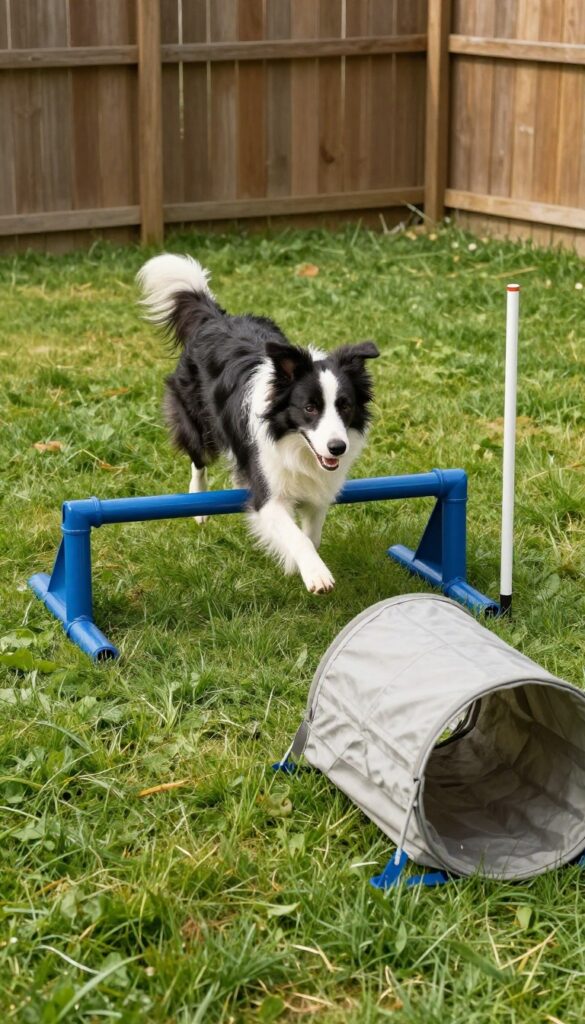 Dog jumping over a DIY agility obstacle in a sunny backyard