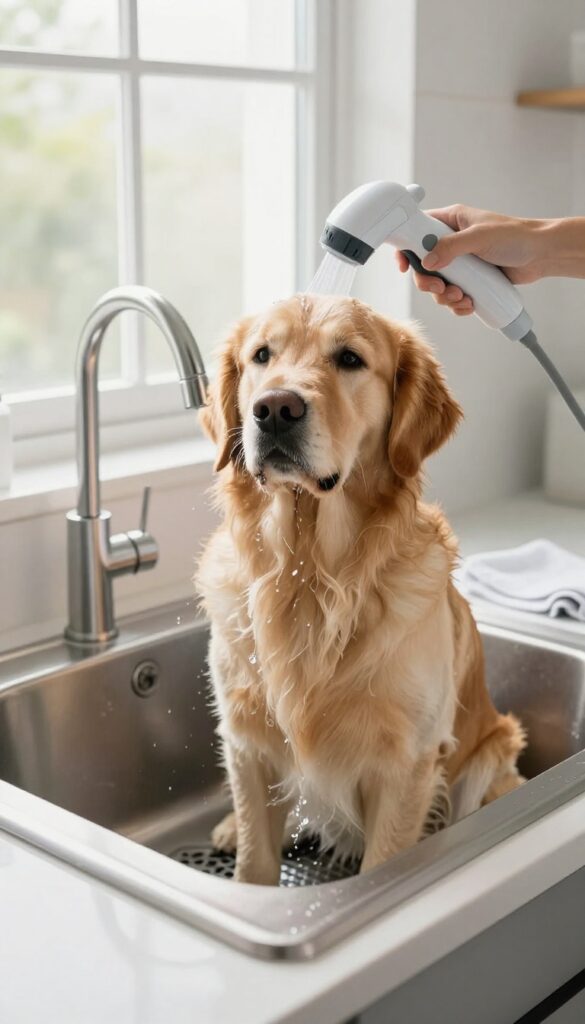 Deep utility sink for big dog baths in a bright laundry room with a Golden Retriever being rinsed with a handheld sprayer.