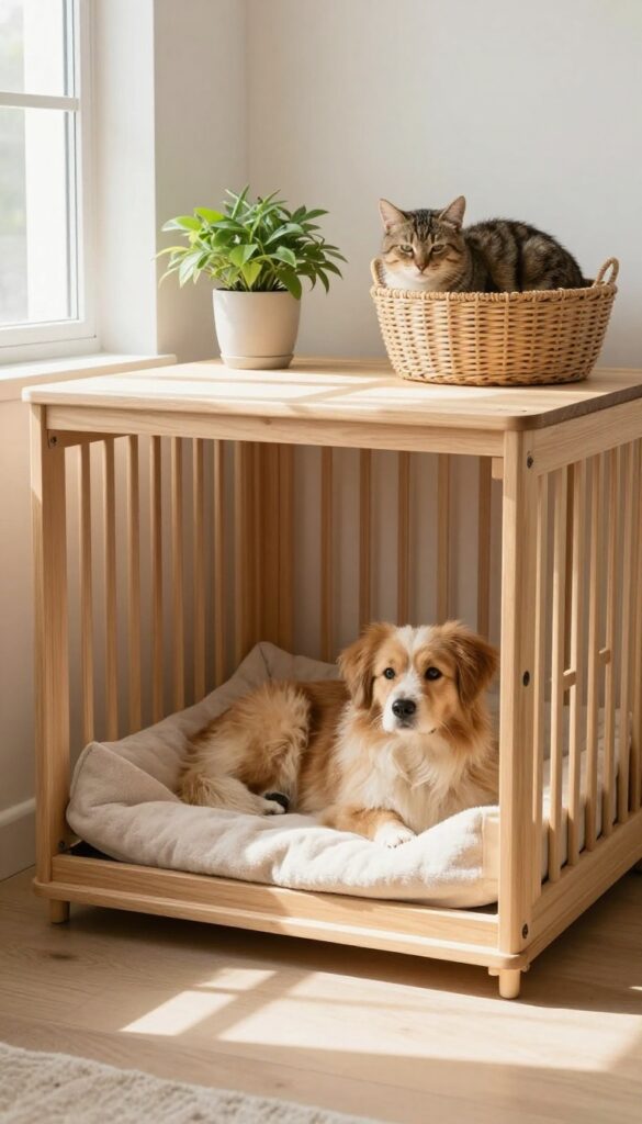 Multi-functional dog crate with cat bed and plants on top, dog resting inside, bright natural light