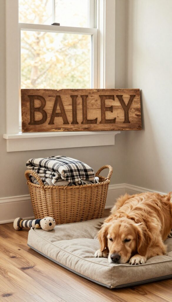 Rustic wooden sign with dog name hanging in cozy living room corner with dog bed and golden retriever.