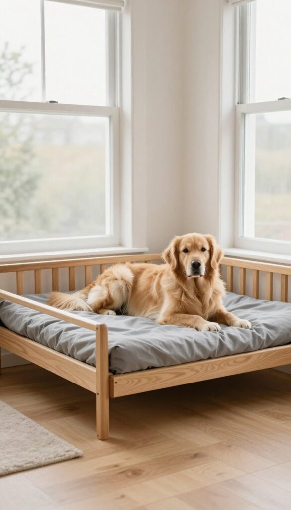 A Golden Retriever resting on an elevated wooden crate bed with a soft mattress in a bright, airy room, showcasing improved airflow and comfort.