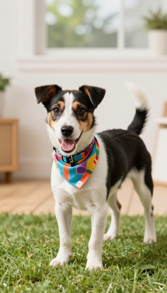 Playful high-energy puppy like Jack Russell or Border Collie running in sunlit yard or living room, wearing colorful bandana and collar with ID tag, bright natural light, photorealistic dog lifestyle photography.
