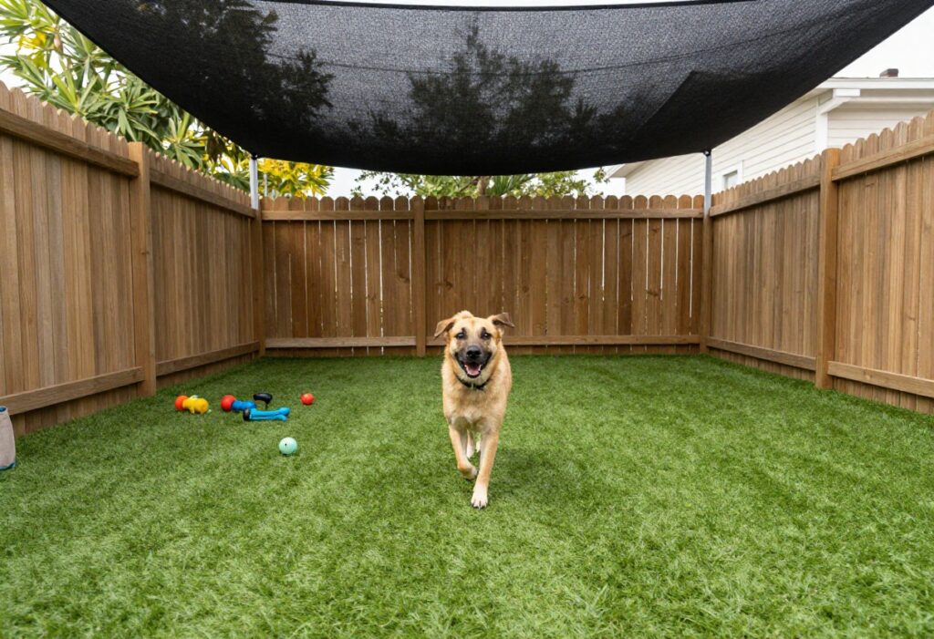 Dog running in a side yard dog run with turf and shade sail