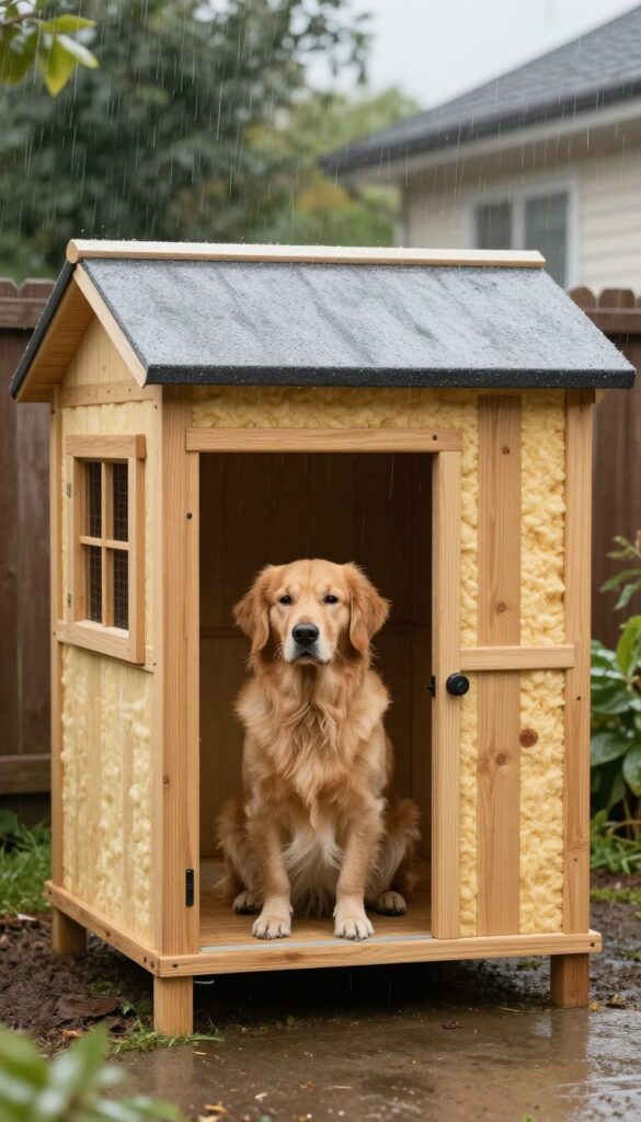 Insulated dog house inside outdoor kennel for rainy weather