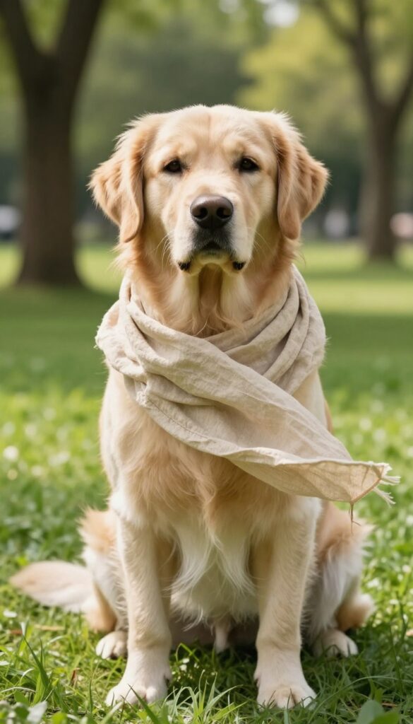 Golden Retriever wearing a lightweight beige linen scarf in a sunlit park, boho style dog accessory for picture day