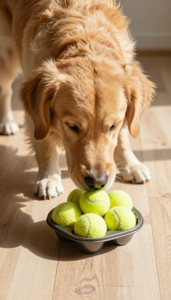 Dog sniffing a muffin tin with tennis balls hiding treats, indoor enrichment activity.