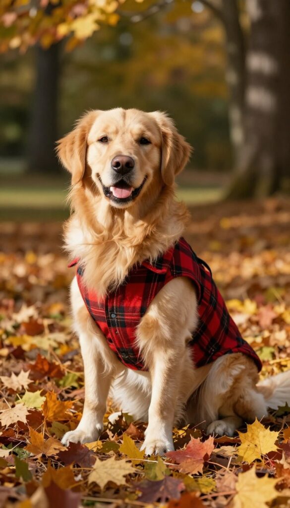 Golden retriever wearing a red plaid shirt sitting in autumn leaves