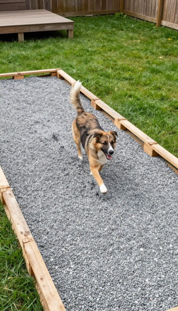 Backyard gravel dog run with wooden pallet fence and a dog running on pea gravel