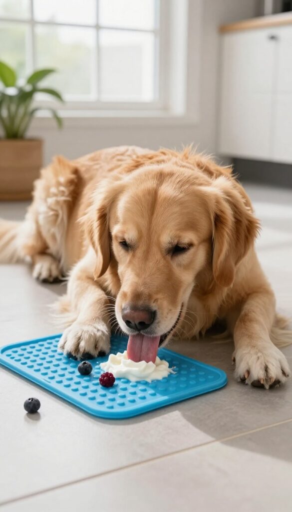 Dog enjoying a frozen treat mat on a kitchen floor