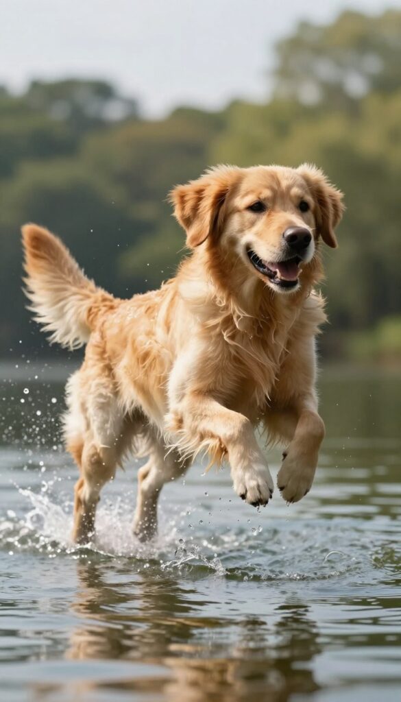 Golden retriever mid-leap splashing into a lake, action shot, photorealistic, bright natural light, no text