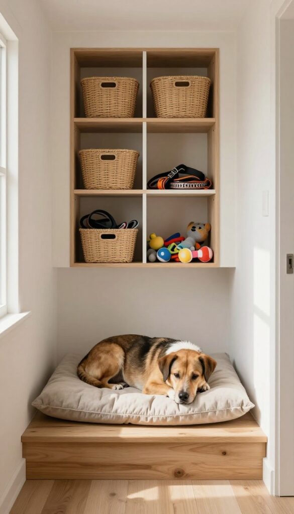 Cozy under-stairs dog bed with open shelving for toy and gear storage