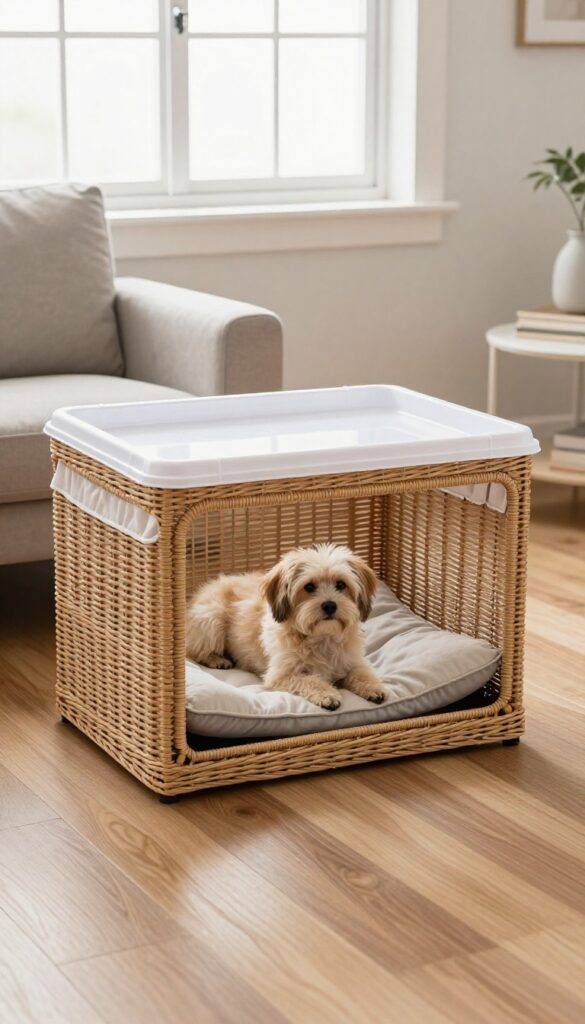 Wicker dog crate with removable tray in a bright living room, small dog resting inside