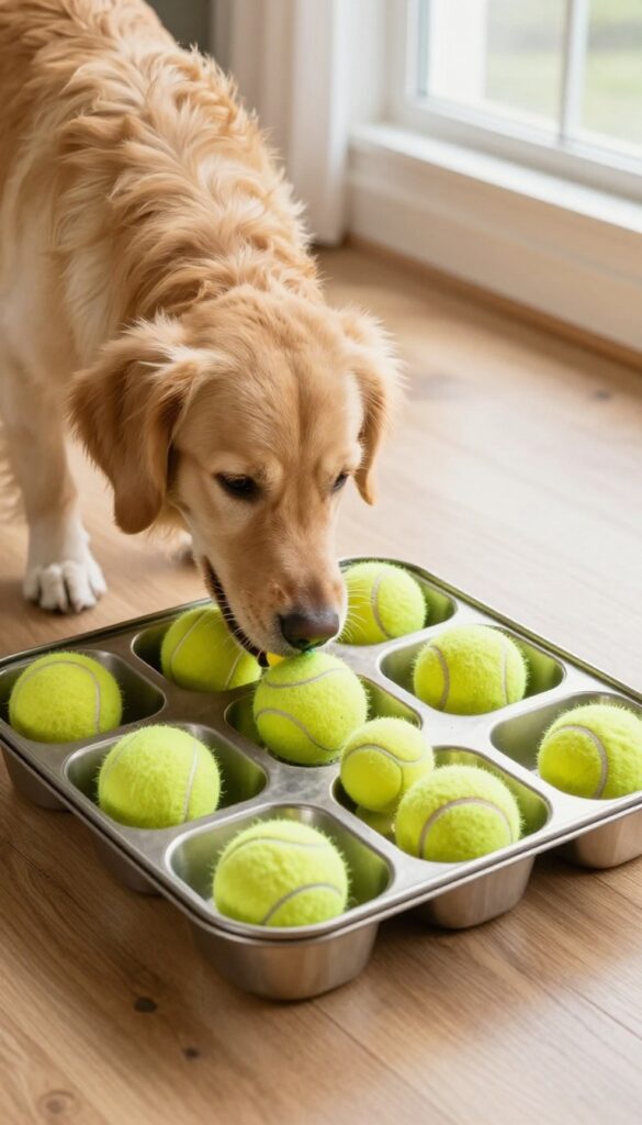 Golden retriever playing the muffin tin game with tennis balls and treats on a wooden floor