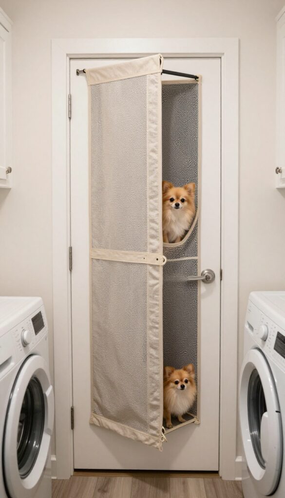 Over-the-door hanging kennel in a laundry room with a small dog inside, mesh sides, bright natural light, clean and cozy setup.