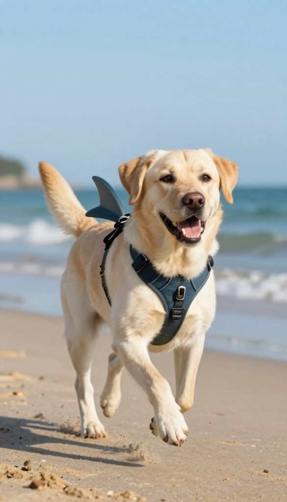 Dog wearing a shark fin costume running on a beach