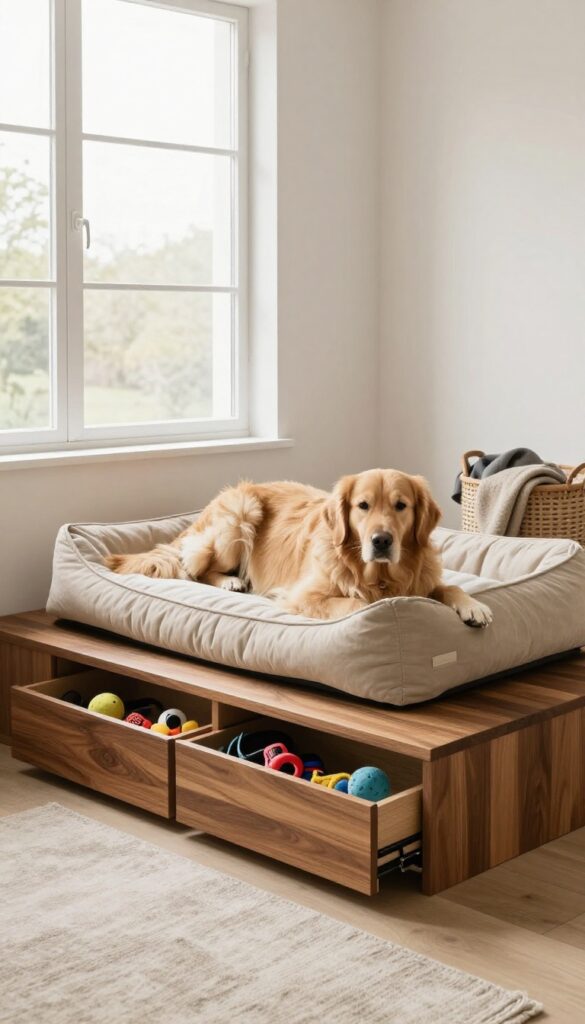Low-profile wooden platform dog bed with storage drawers in a bright living room, Golden Retriever resting on top.