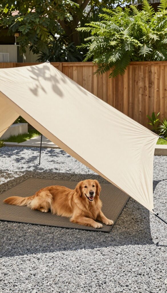 Dog relaxing on cooling mat under stylish shade sail in backyard dog run