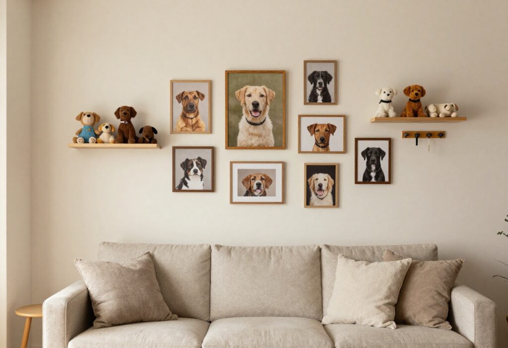 Dog wall decor gallery with framed portraits, floating shelf, and leash hooks in a cozy living room