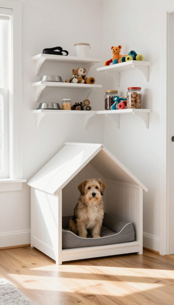 Corner kennel with storage shelves in a bright living room