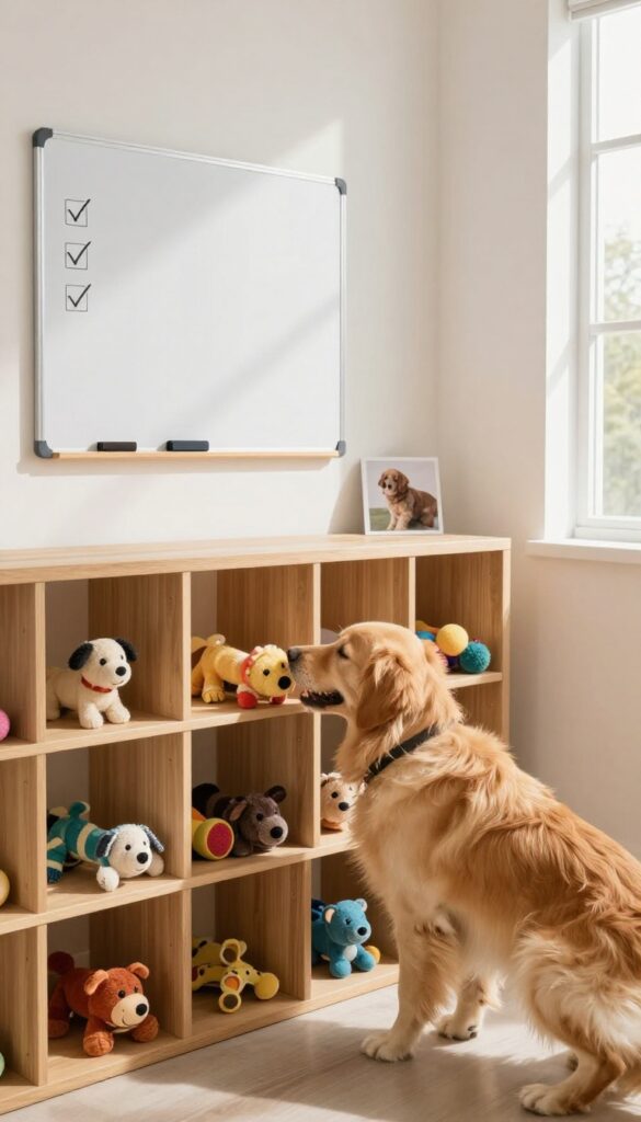 Dog toy library with cubbies and dry-erase check-out board, dog choosing a toy