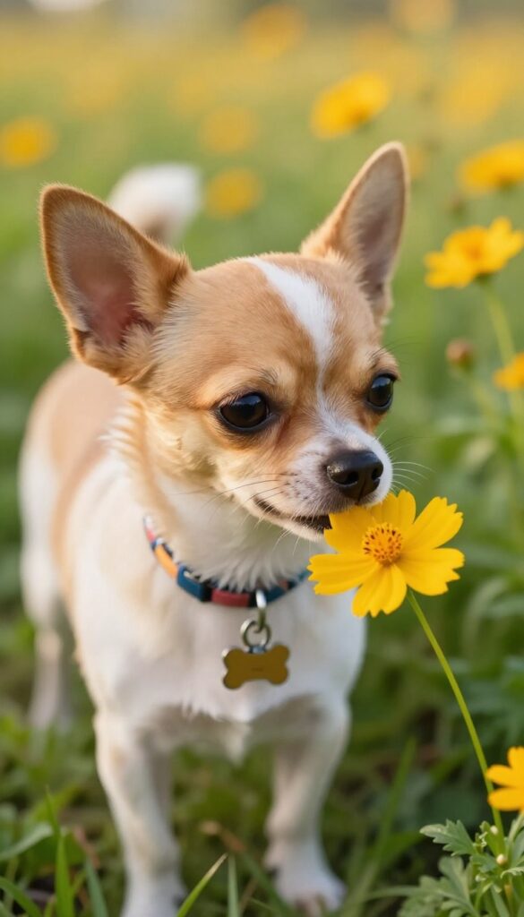 Small curious dog sniffing a flower in a sunny garden