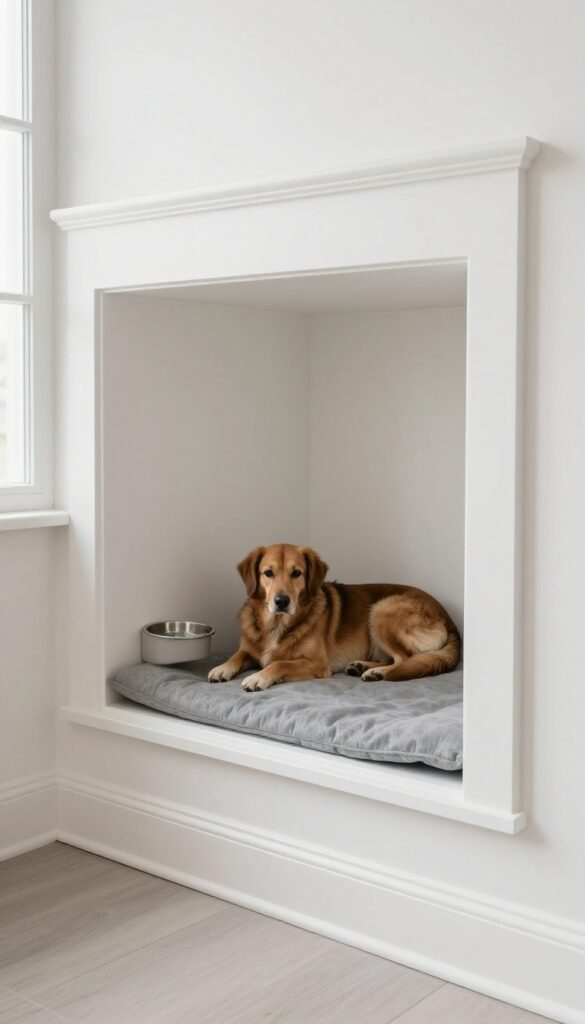 Custom built-in dog kennel recessed into a living room wall, with a dog resting inside, seamless architectural design.