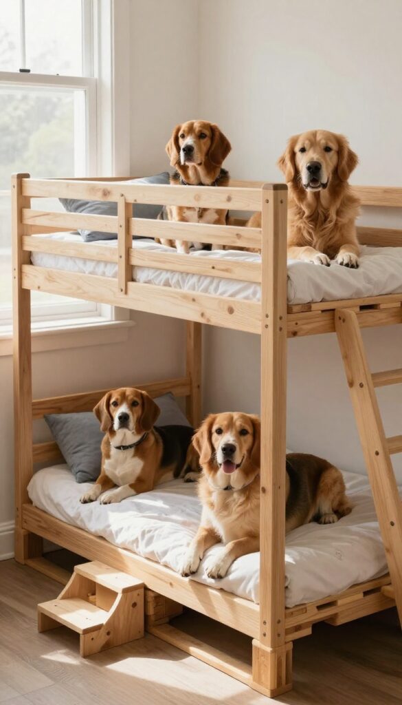 Two dogs resting on a two-tier pallet bunk bed with cushions and a wooden ramp in a bright indoor space.