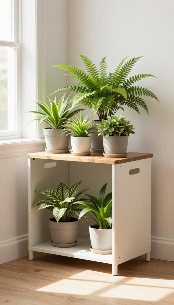 Dog crate with plant shelf on top, blending into living room decor with houseplants