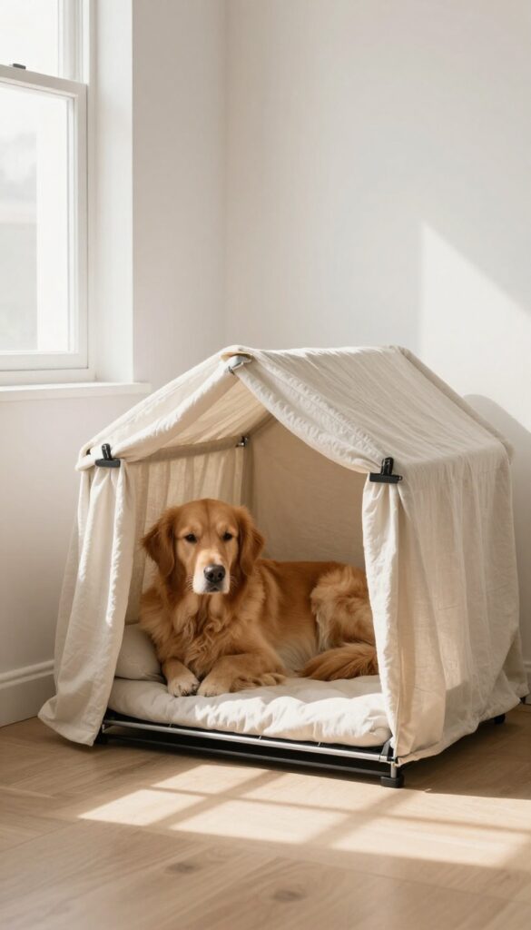 Cozy corner kennel with canopy tent for anxious dogs, photorealistic dog crate den with breathable fabric cover in bright living room.