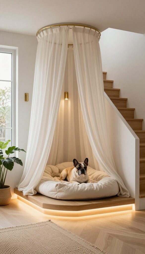 Luxury dog kennel under stairs with raised bed, canopy, and warm lighting in a modern home