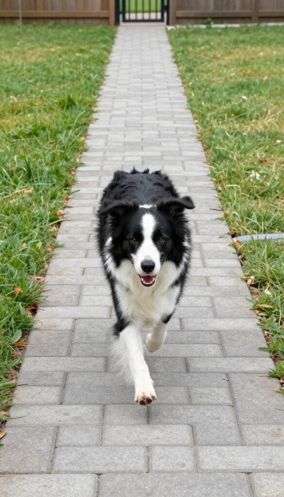 Border Collie running full speed on a paved side yard path with interlocking pavers, drainage channel, and green grass