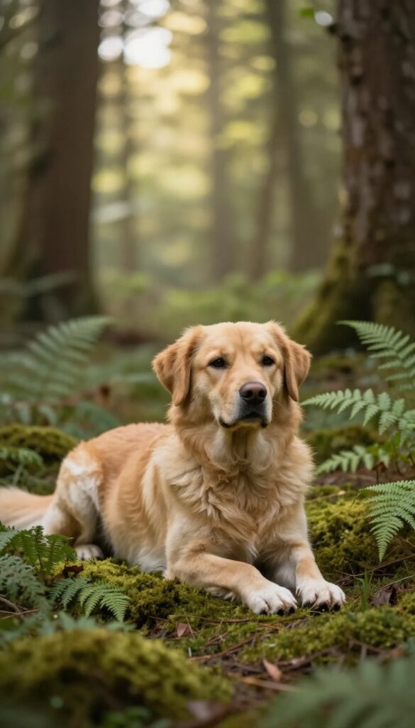 A calm dog resting in a sunlit forest with ferns and moss, evoking a gentle and grounded nature.