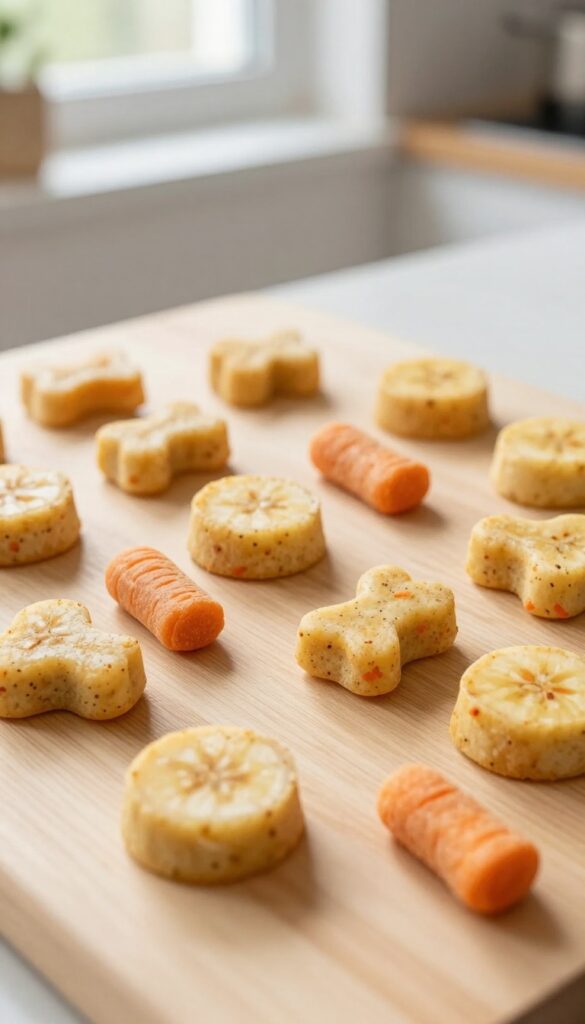 Homemade banana carrot dog treats on a wooden surface, natural lighting, pet-blog style.