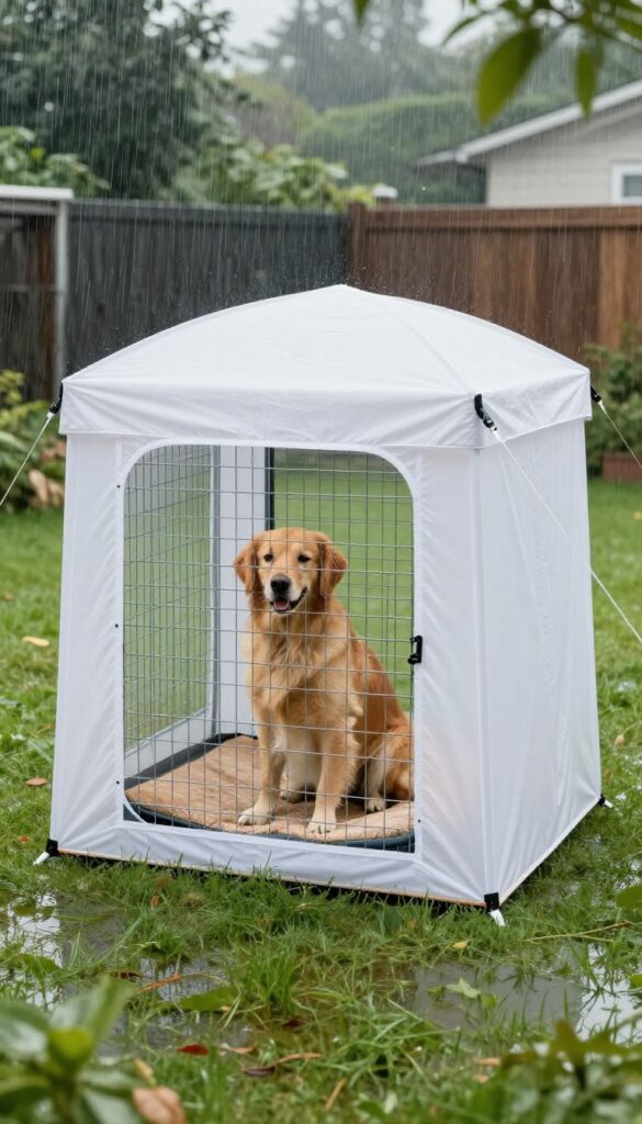 Portable pop-up canopy covering a wire dog kennel in a rainy backyard, with a golden retriever inside staying dry.