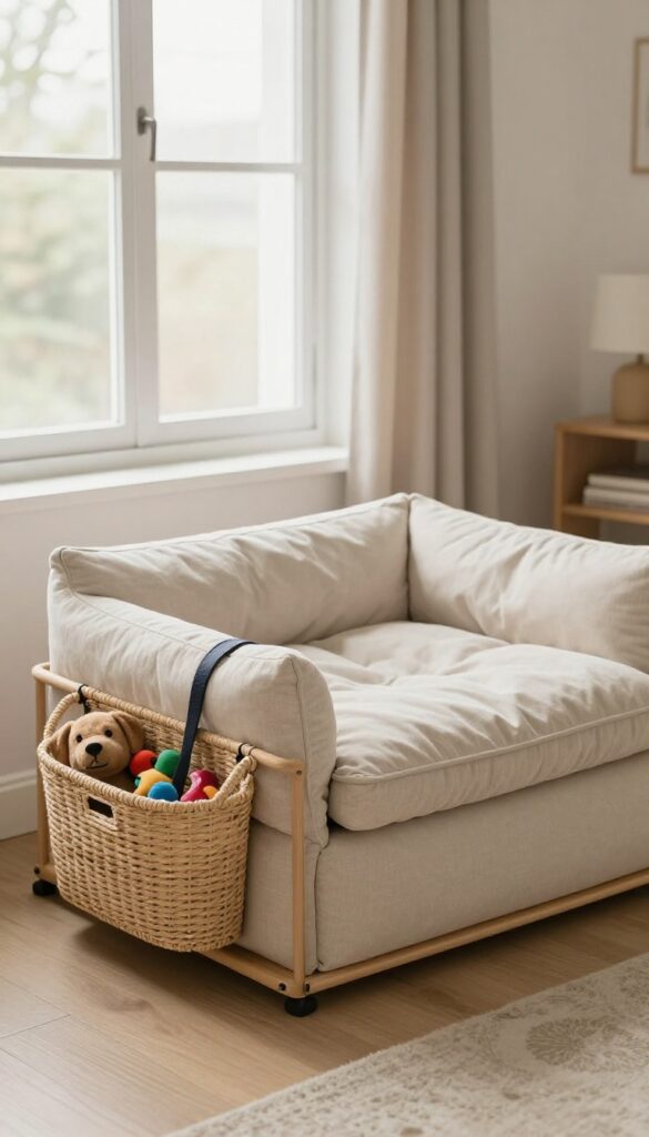 Dog crate topped with cushioned seat and side storage basket