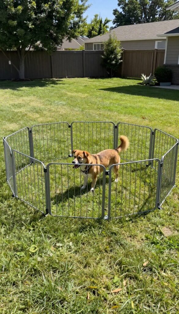 A portable exercise pen in a grassy backyard with a dog playing inside.